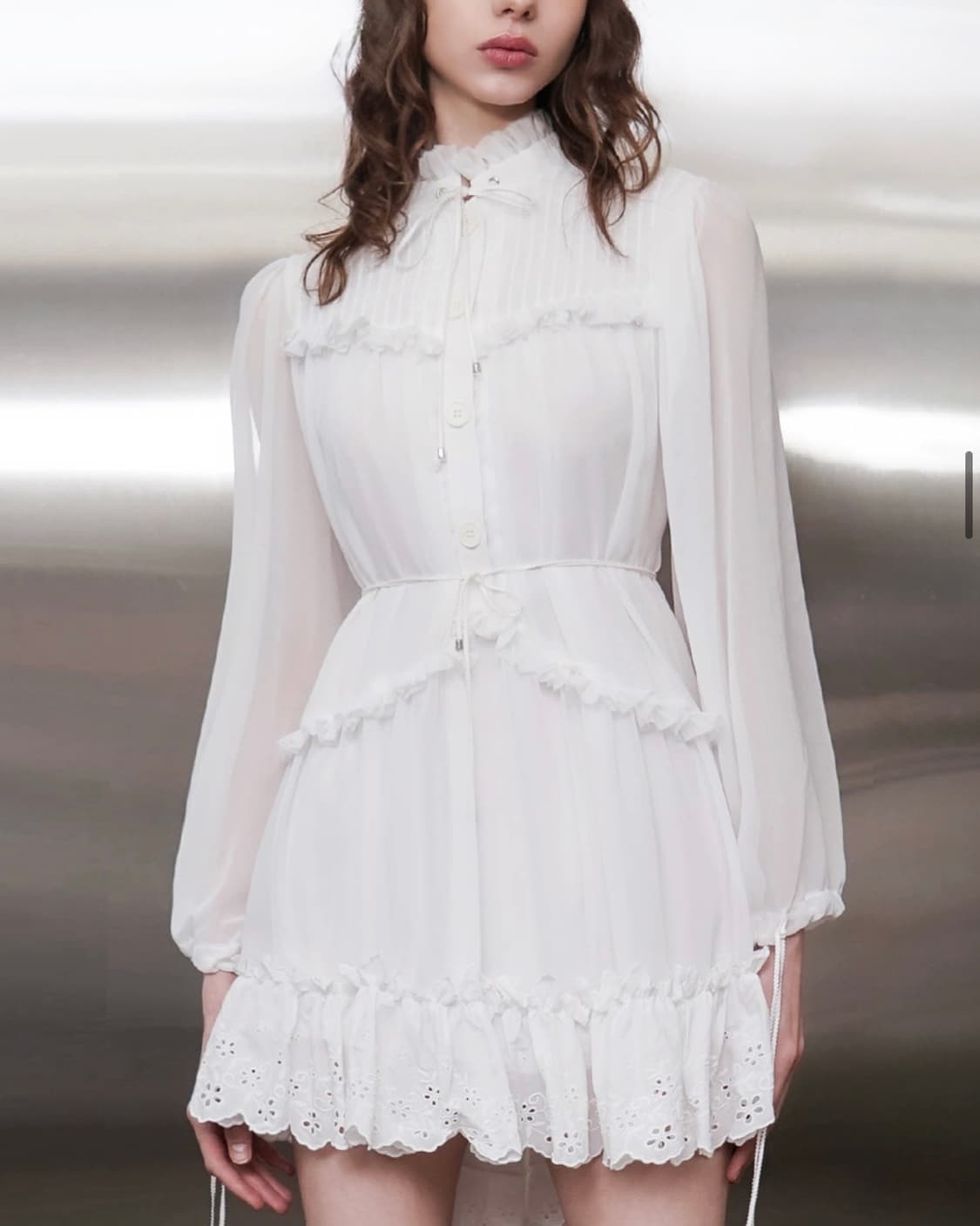 언티지 자수 레이스 러플 미니 원피스 드레스(White) 상품이미지2