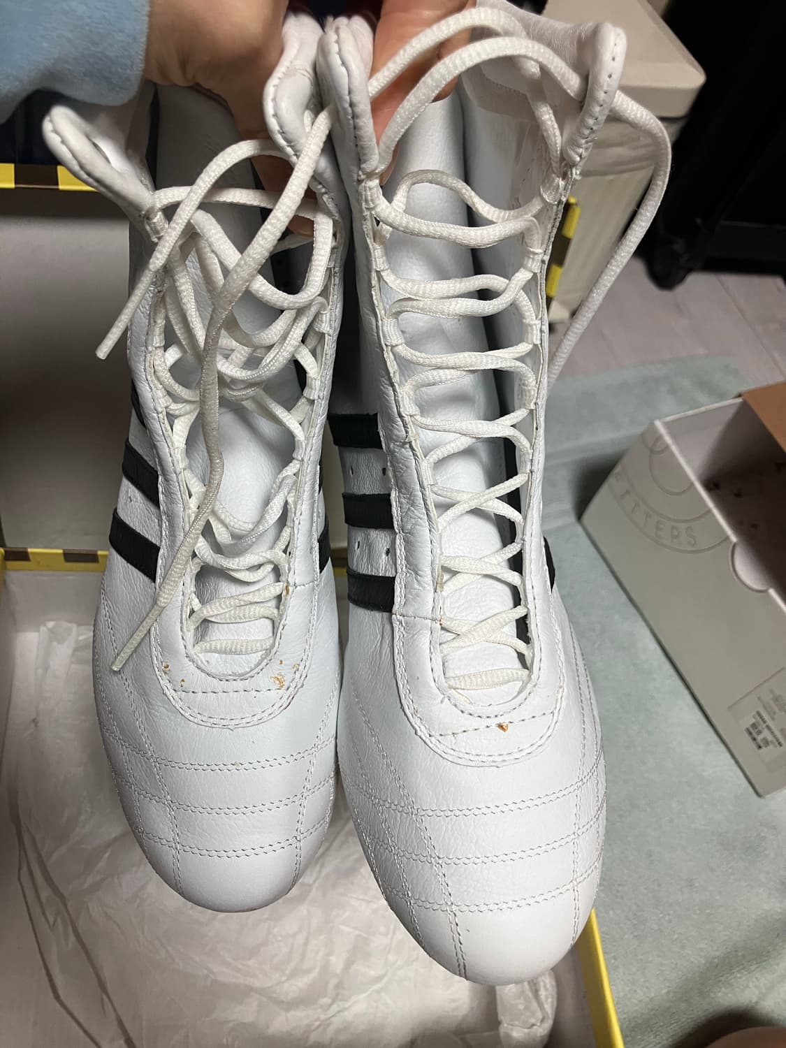 Y2K 아디다스 희귀 빈티지 새제품 가죽 복싱화 복서 호그 하이 흰색 상품이미지5