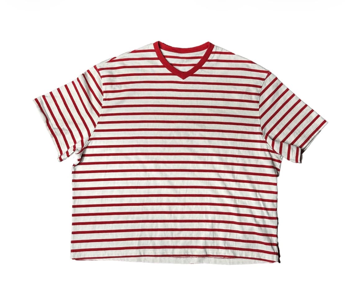 논노드 크롭 v넥 티셔츠 레드 스트라이프 상품이미지1