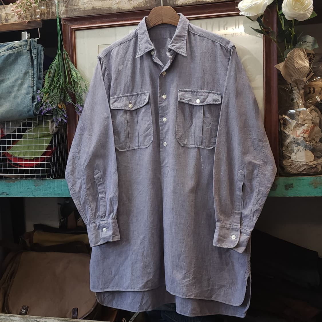 60s 프랑스 워크셔츠 가드너 빈티지 셔츠 라이트 퍼플 롱 튜닉 셔츠 L 상품이미지2