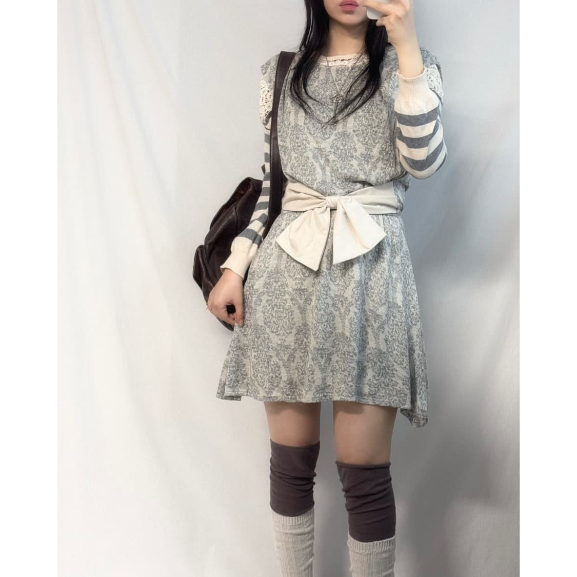 리본 웨이스트 레이스 니트 원피스 2pcs SET 상품이미지2