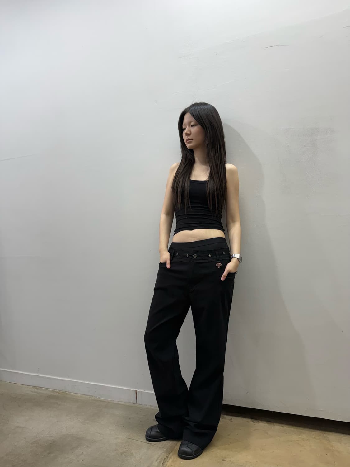 매쉬 디테일 블랙 부츠컷 팬츠 상품이미지2