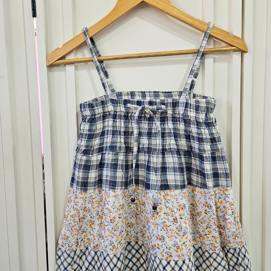 패치워크 체크 플라워 끈 원피스 상품이미지3