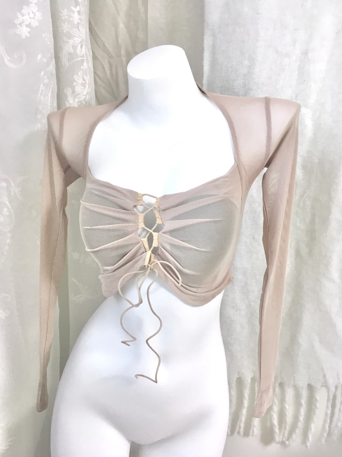 베이지 셔링 시스루 크롭 롱슬리브  상품이미지6