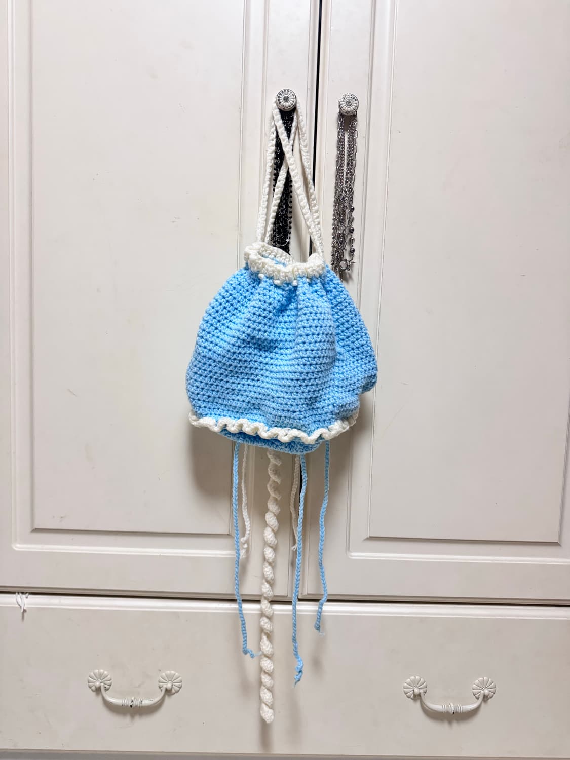 서브컬쳐 핸드메이드 스카이 블루 해파리 뜨개질 복조리 가방 배낭 상품이미지2