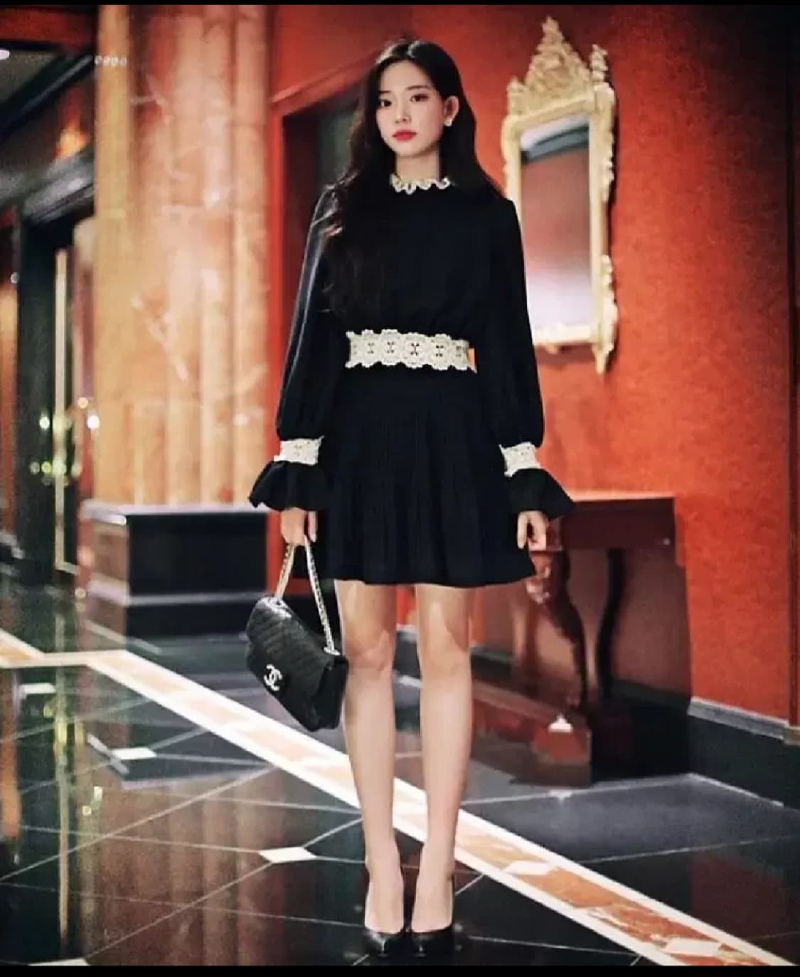 밀크코코아 레이스프릴원피스아방핏슬림핏배색봄원피스하객데이트룩플레어플리츠퍼프 상품이미지1