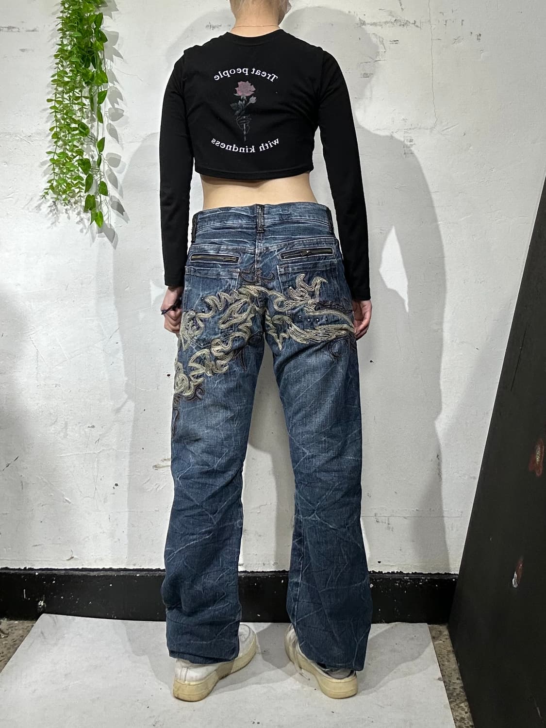 일본 빈티지 중청 자수 디테일 와이드 데님 팬츠 힙합 새깅 청바지  상품이미지1