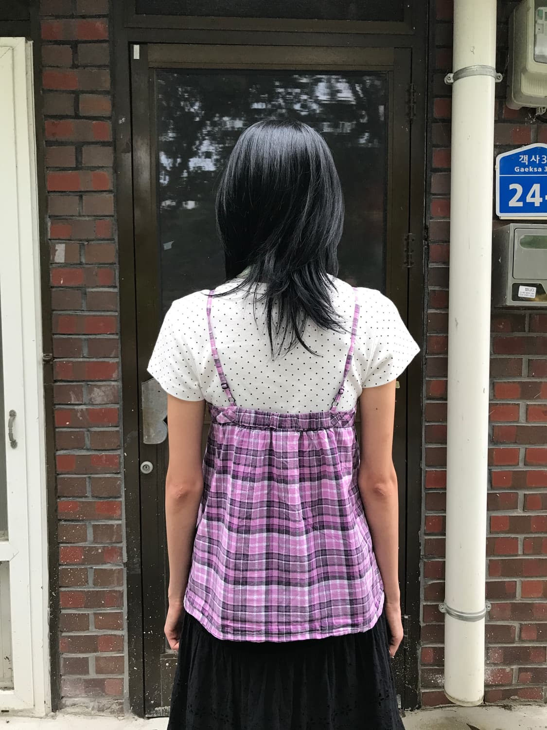 일본빈티지 핑크 체크 슬리브리스 상품이미지4