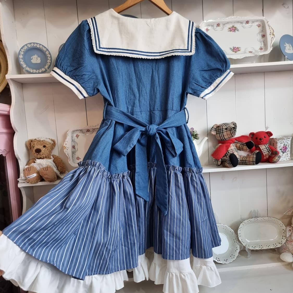 데님 세일러 원피스 청색 스트라이프 프릴 상품이미지6