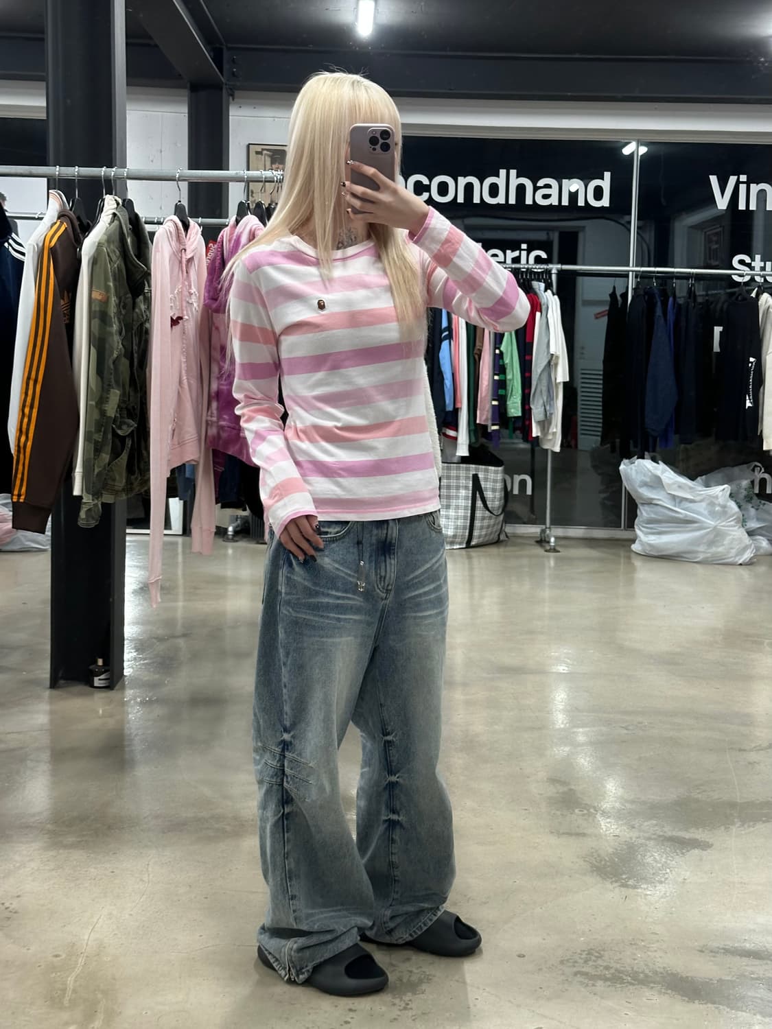  베이프 마일로 미니자수 스트라이프 핑크 긴팔 슬리브 상품이미지3