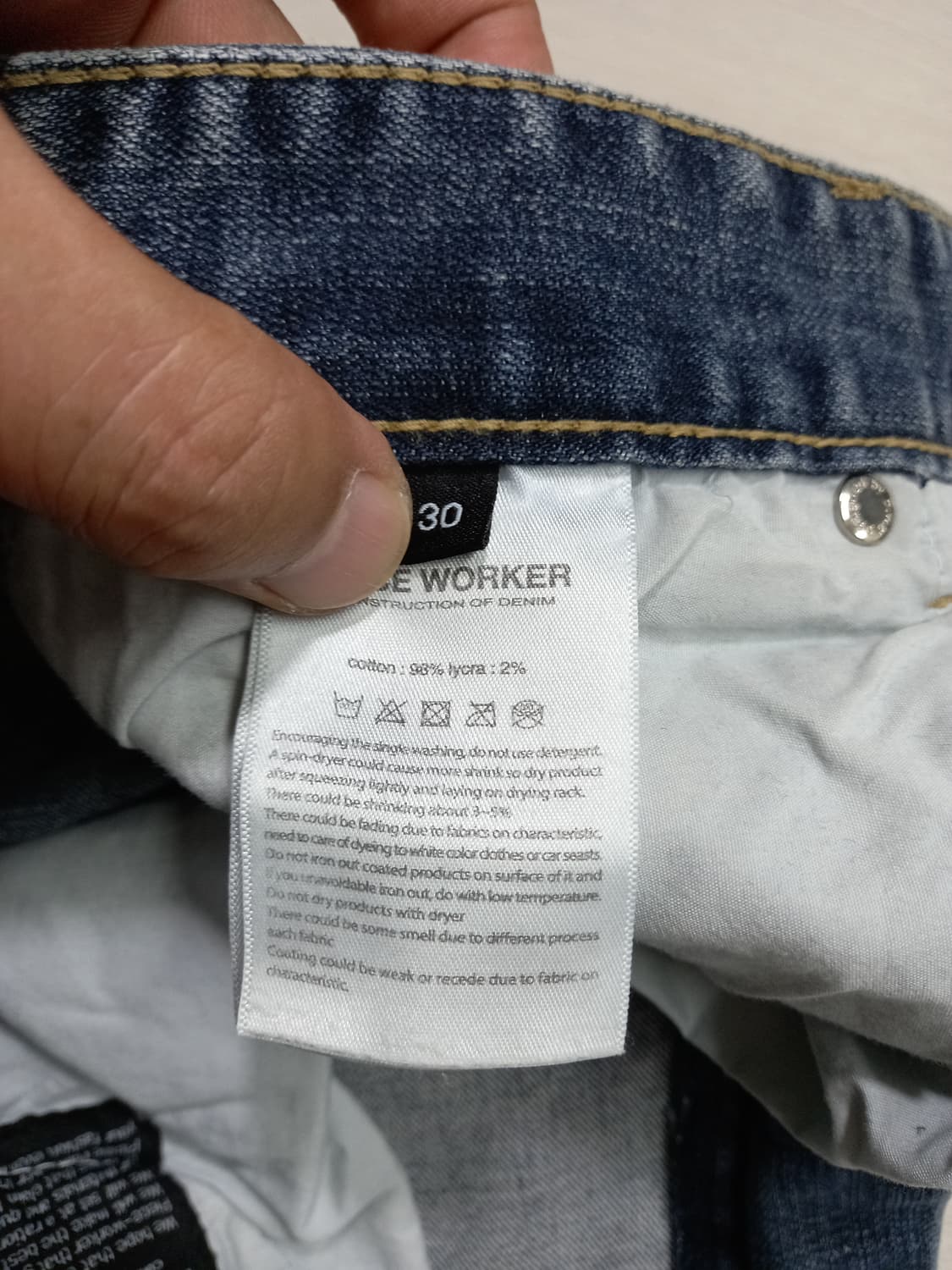 30 PIECE WORKER 데미지워싱 스판 슬림일자 진청 30-93 상품이미지7