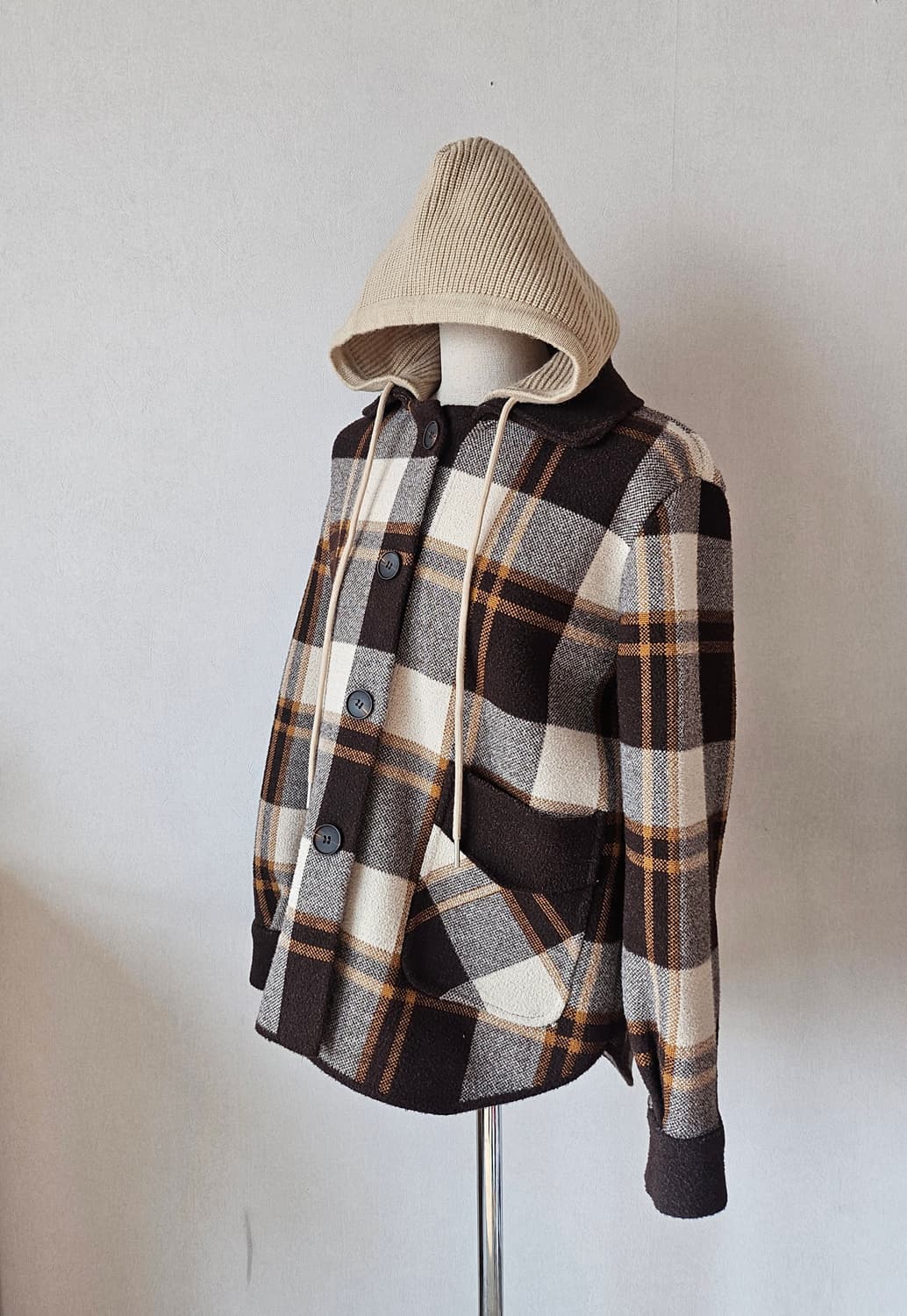 니트 후드 체크 도톰 브라운 재킷 F(44~55) 상품이미지6