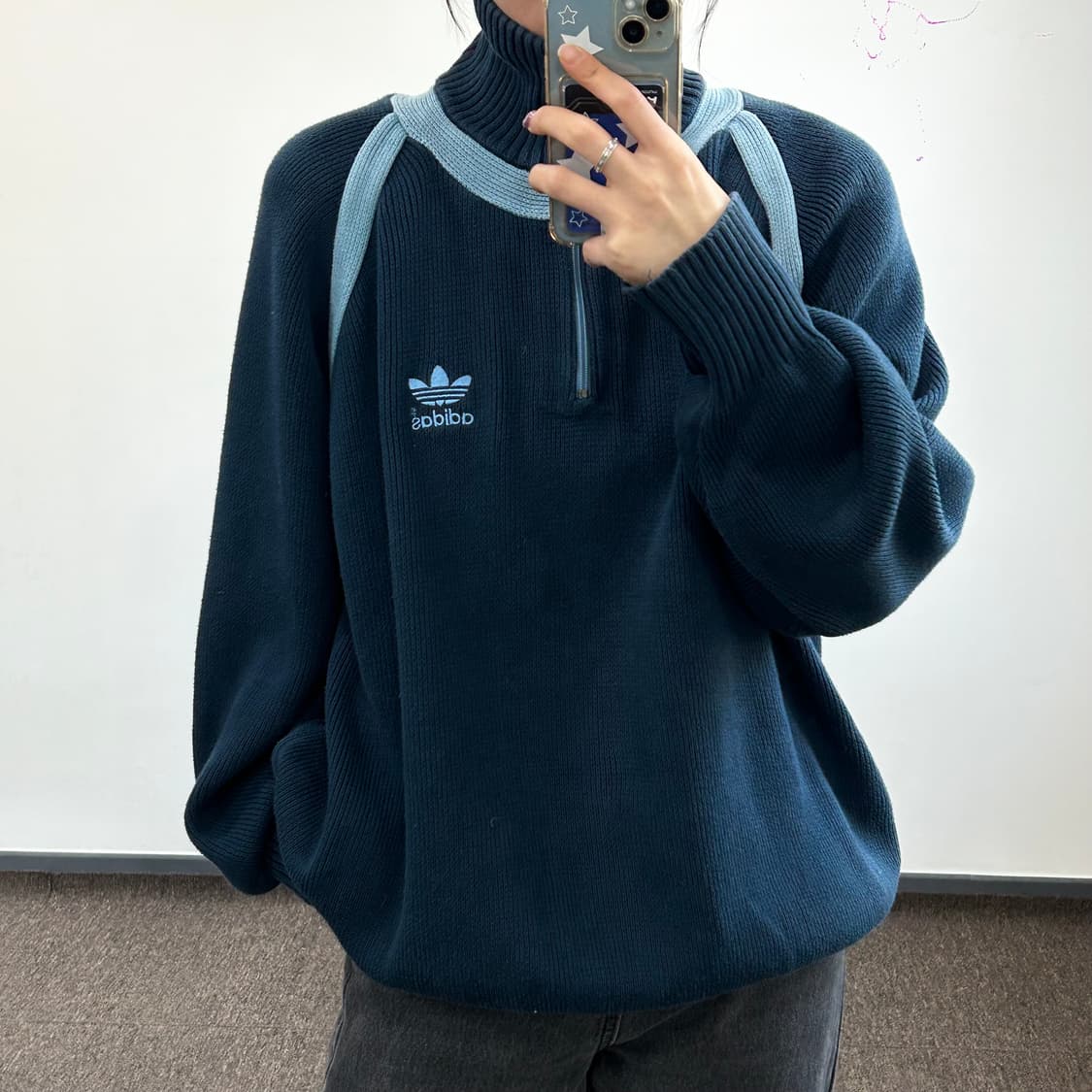 Adidas 아디다스 스카이블루 네이비 배색 니트 반집업 상품이미지1