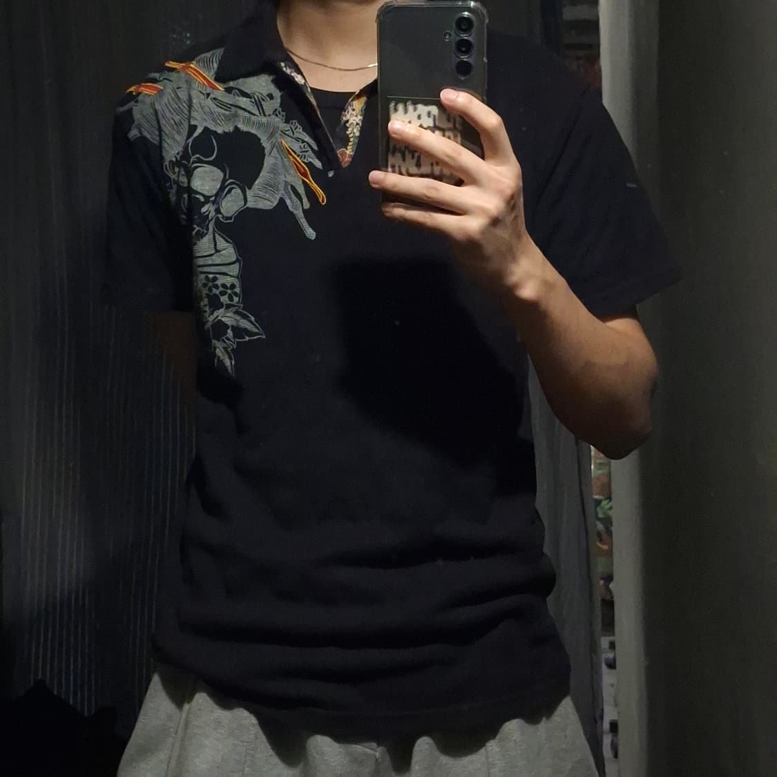 빈티지 JP 블랙 동양풍 오리엔탈 해골유녀 프린팅 오픈 카라넥 티셔츠 L 상품이미지2