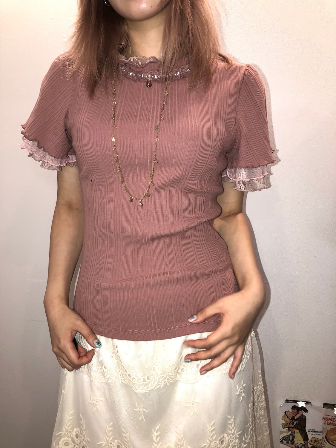 Axes femme 로즈 핑크 로걀 레이스탑 상품이미지1