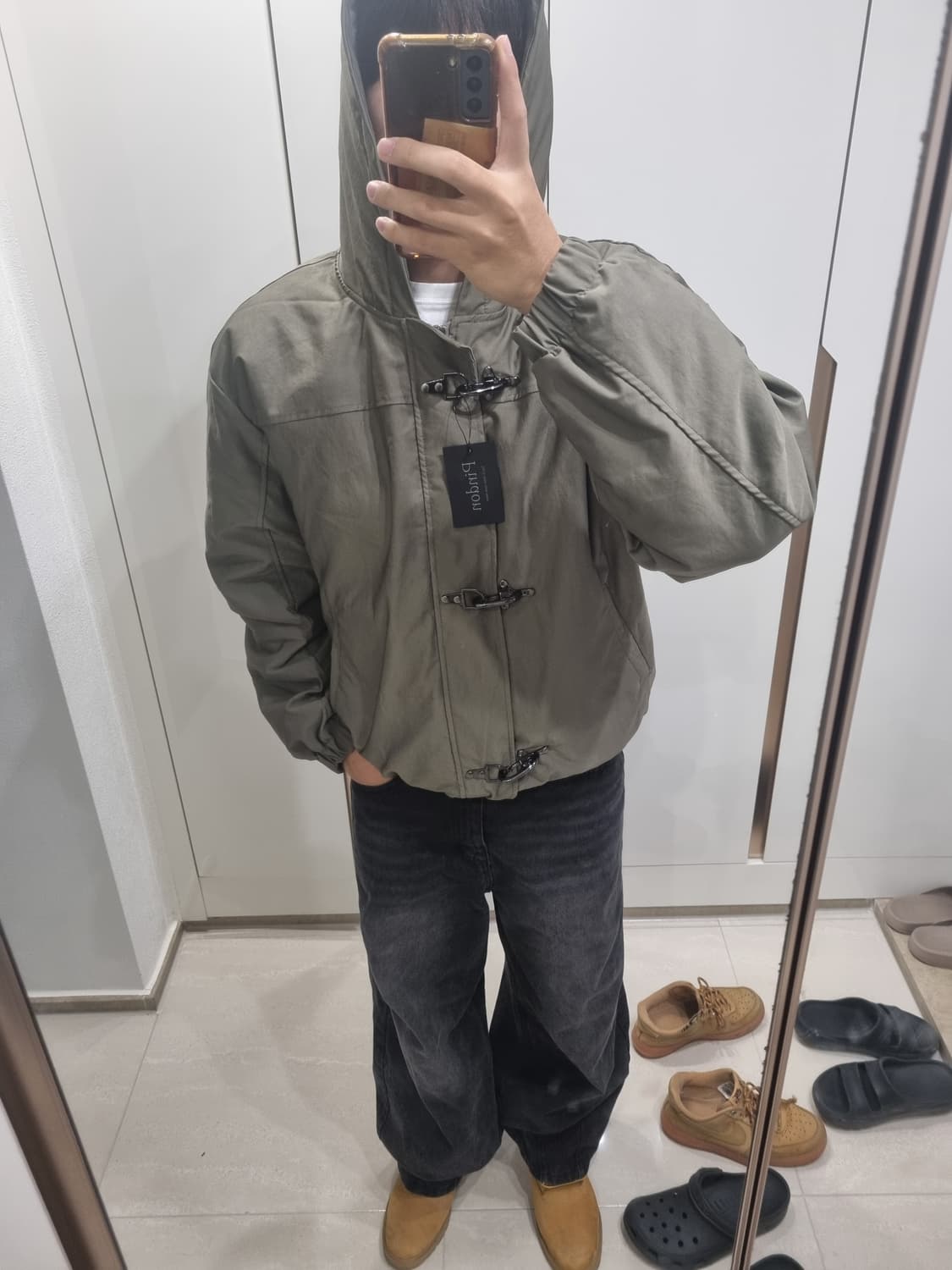 버클 파이어 크롭 점퍼 패딩카키색 상품이미지3