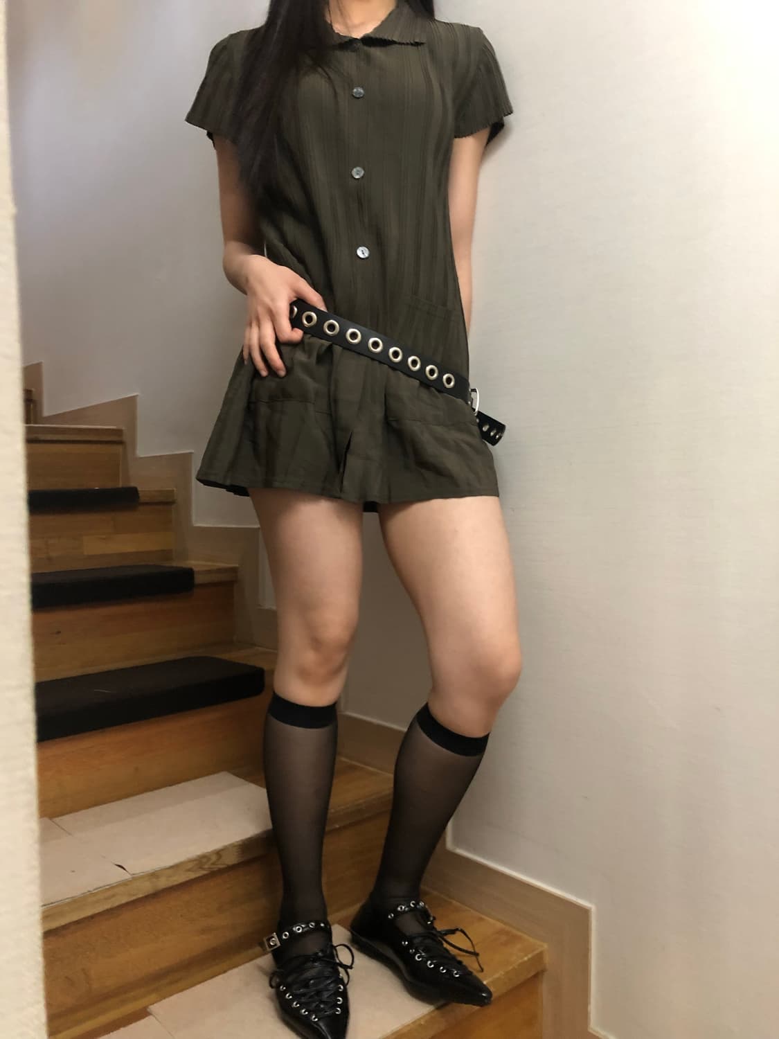 빈티지 카키 플리츠 미니 원피스 상품이미지2