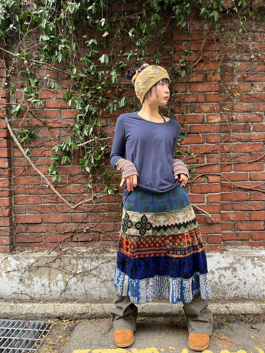 히피 니트 패치 미디스커트 상품이미지2