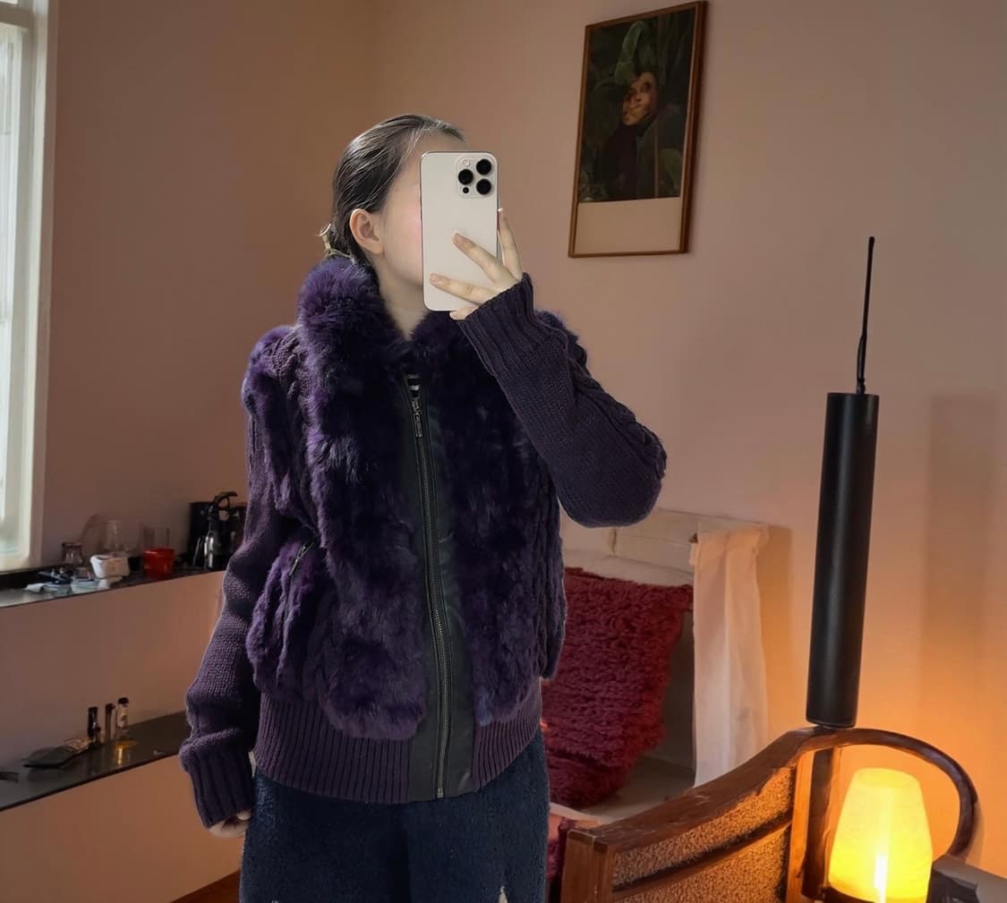 빈티지 다크 퍼플 폭스퍼 카라 토끼털 꽈배기 니트자켓 가디건 상품이미지7