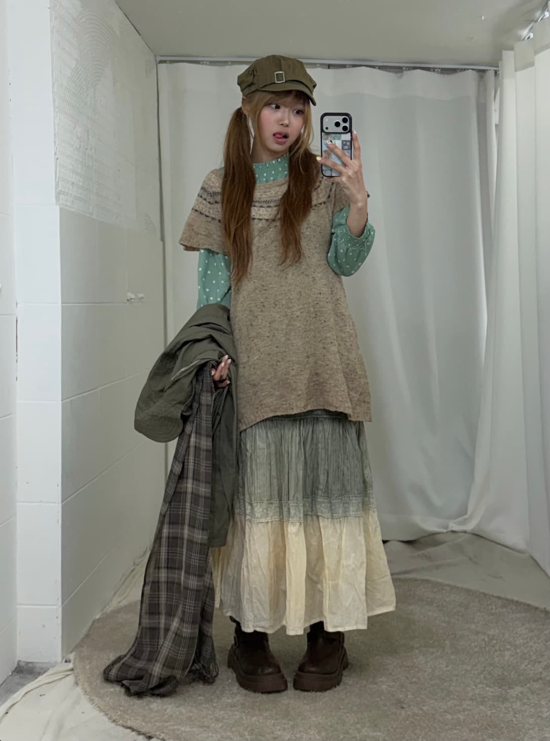 카키 민트 도트 하구미 모리걸 야상 코디세트 상품이미지2