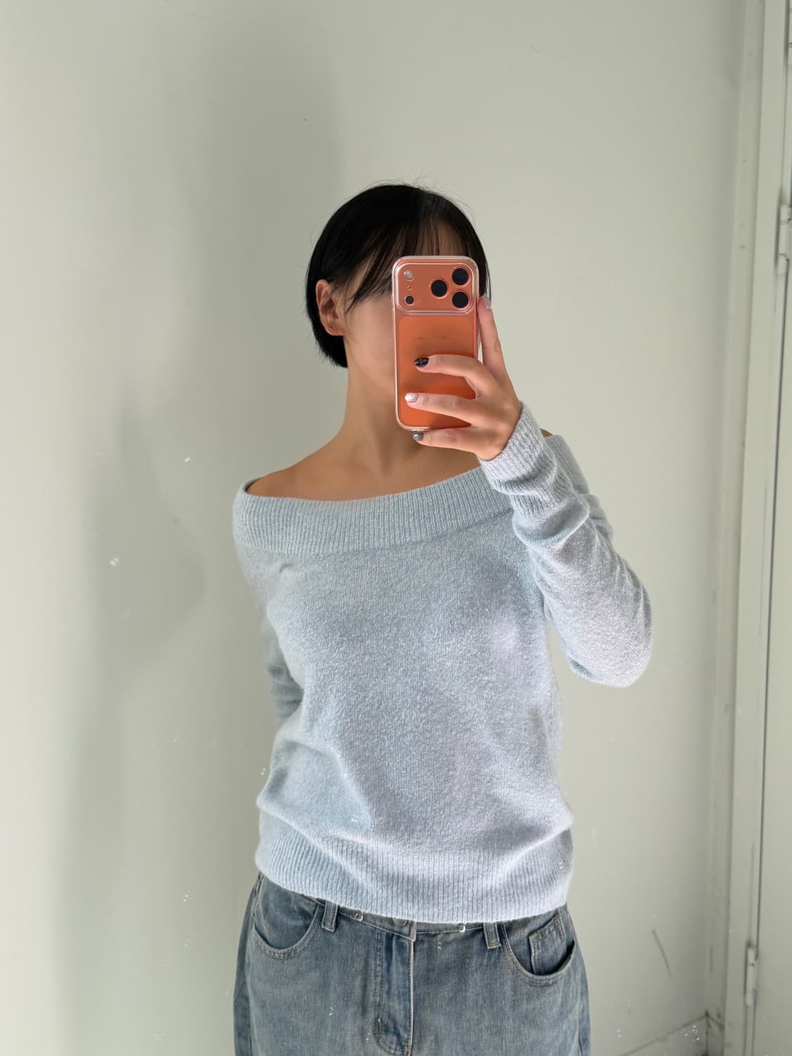 일본빈티지 파우더 블루 오프숄더 니트 상품이미지1