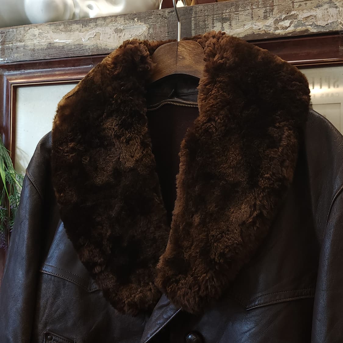 80s 프렌치 레더 카코트 카우하이드 반스토머 양털 랜치 코트 L 상품이미지4