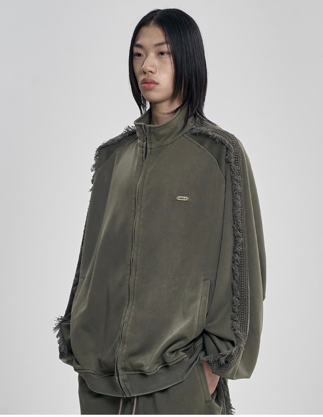 아조바이아조 레이스 트리밍 래글런 트랙탑 져지 자켓 카키 상품이미지5