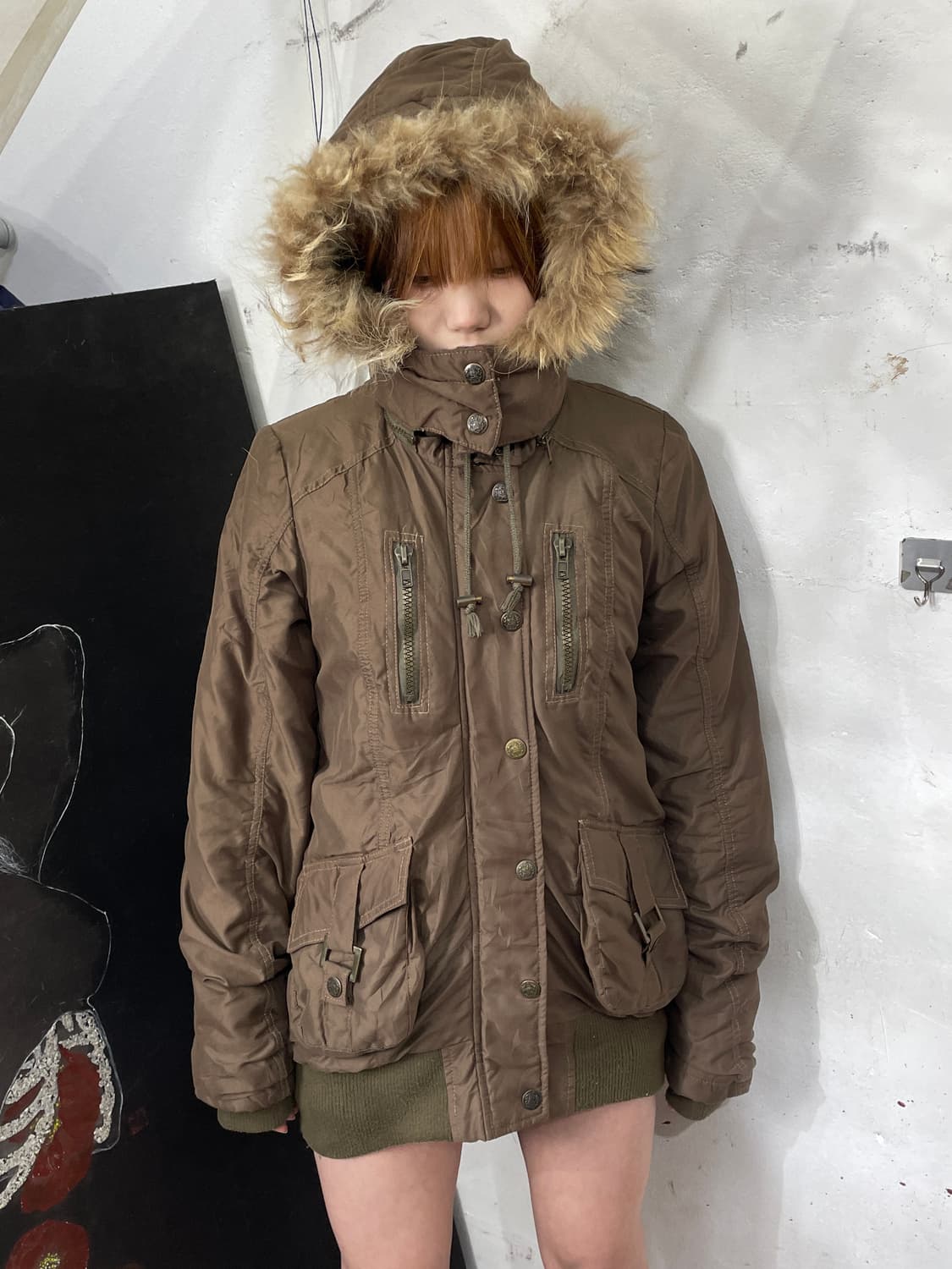 일본빈티지 퍼 후드 자켓 울프죠 브라운 야상 개파카 M 상품이미지1