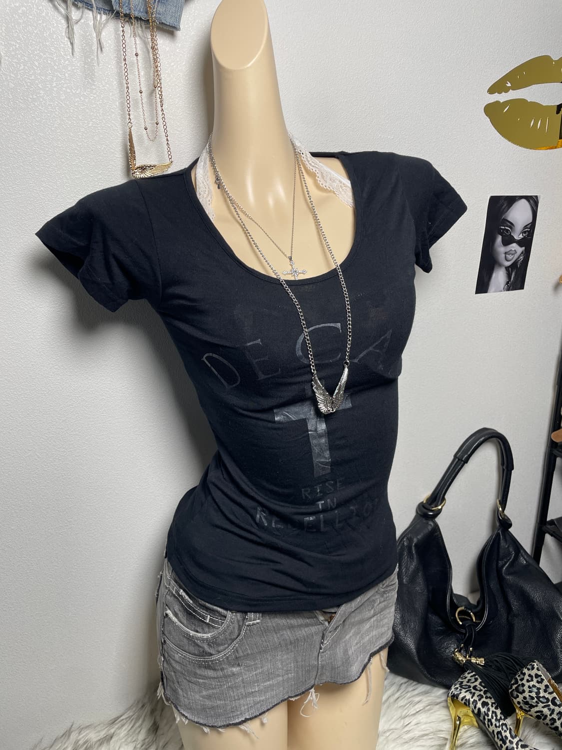 갸루 펑크 y2k 블랙 반팔티 탑 상품이미지1