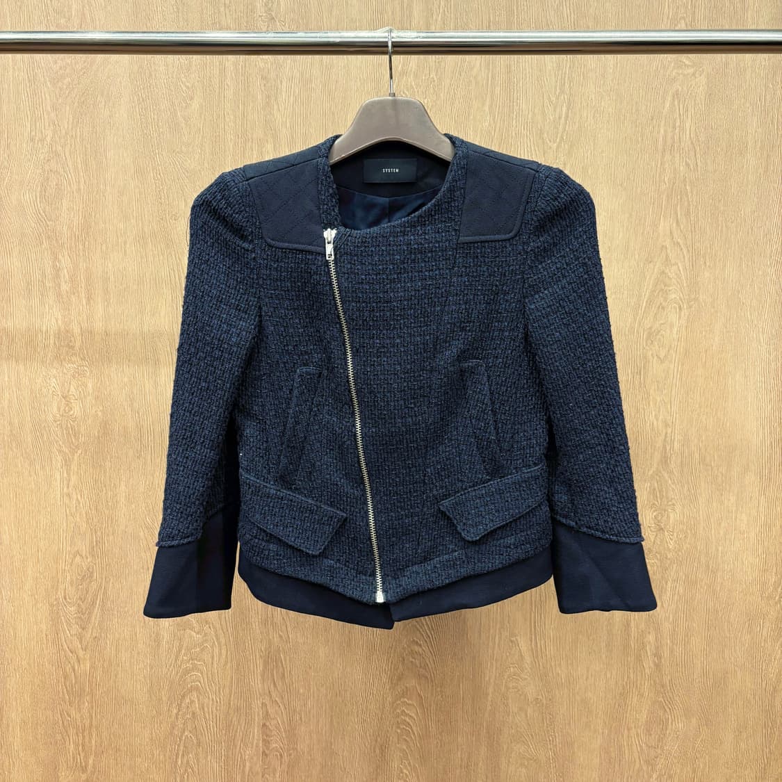 시스템 집업 트위드 자켓 메탈 지퍼 퀄팅 배색 레이어드 디테일 네이비 상품이미지2