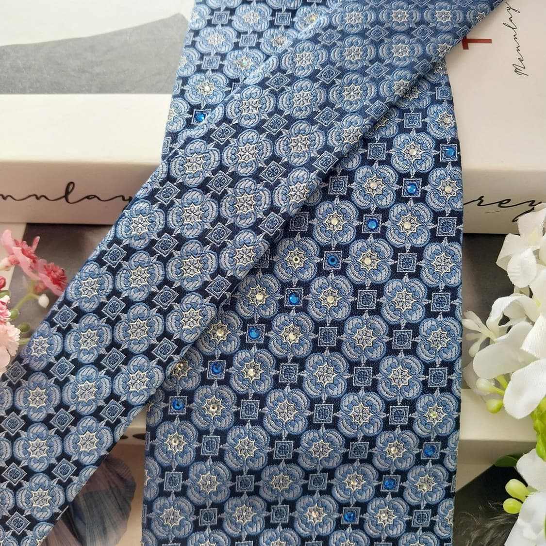 아쿠아스큐텀 실크 블루 패턴 넥타이 9.4cm A+등급 K2210 상품이미지4