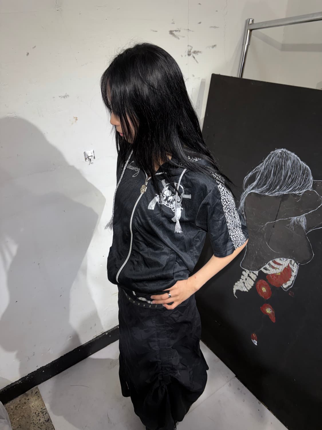 Jpn 일본 빈티지 갸루깔 빅로고 해골 펑크 고딕 반팔 후드집업 L 상품이미지4