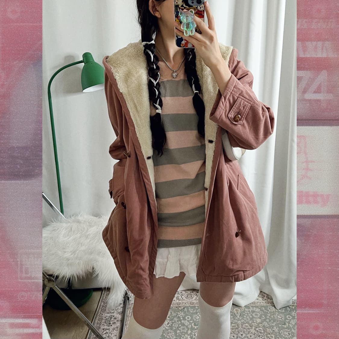 딥 핑크 퍼 후드 코트 상품이미지3