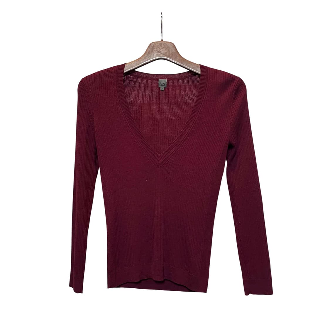 캘빈클라인 울 골지 니트 브이넥 슬림핏 디테일 버건디 와인 상품이미지1