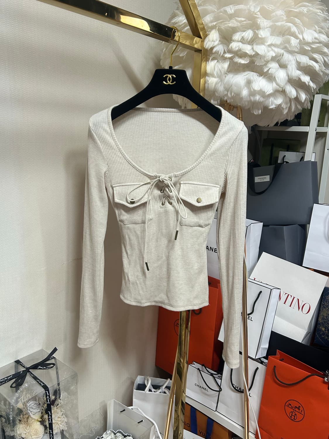 코르셋 트임 연출 포켓 골지티셔츠 상품이미지2