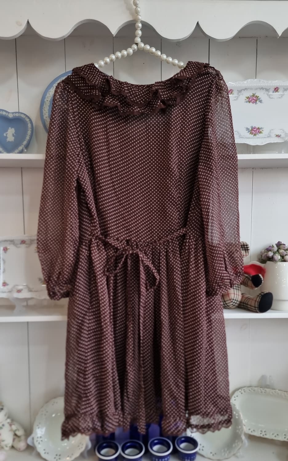 브라운 도트 쉬폰 프릴원피스 상품이미지6