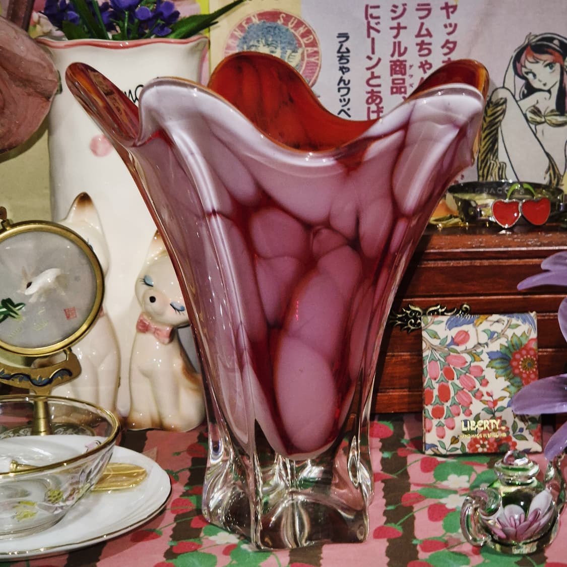 70s 이디얼 아트글라스 루비 마블 화병 상품이미지5