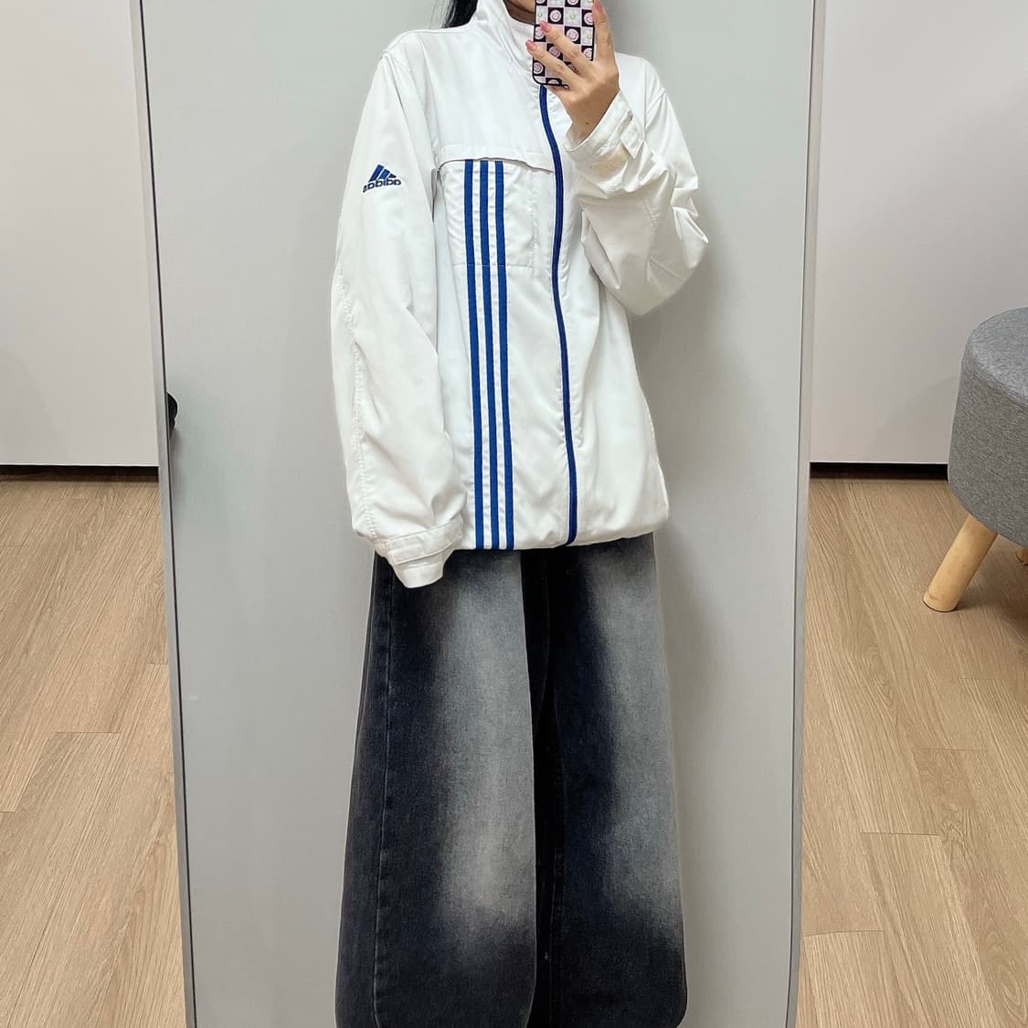 아디다스 자수로고 포카리 화이트 블루 바람막이 자켓 상품이미지1