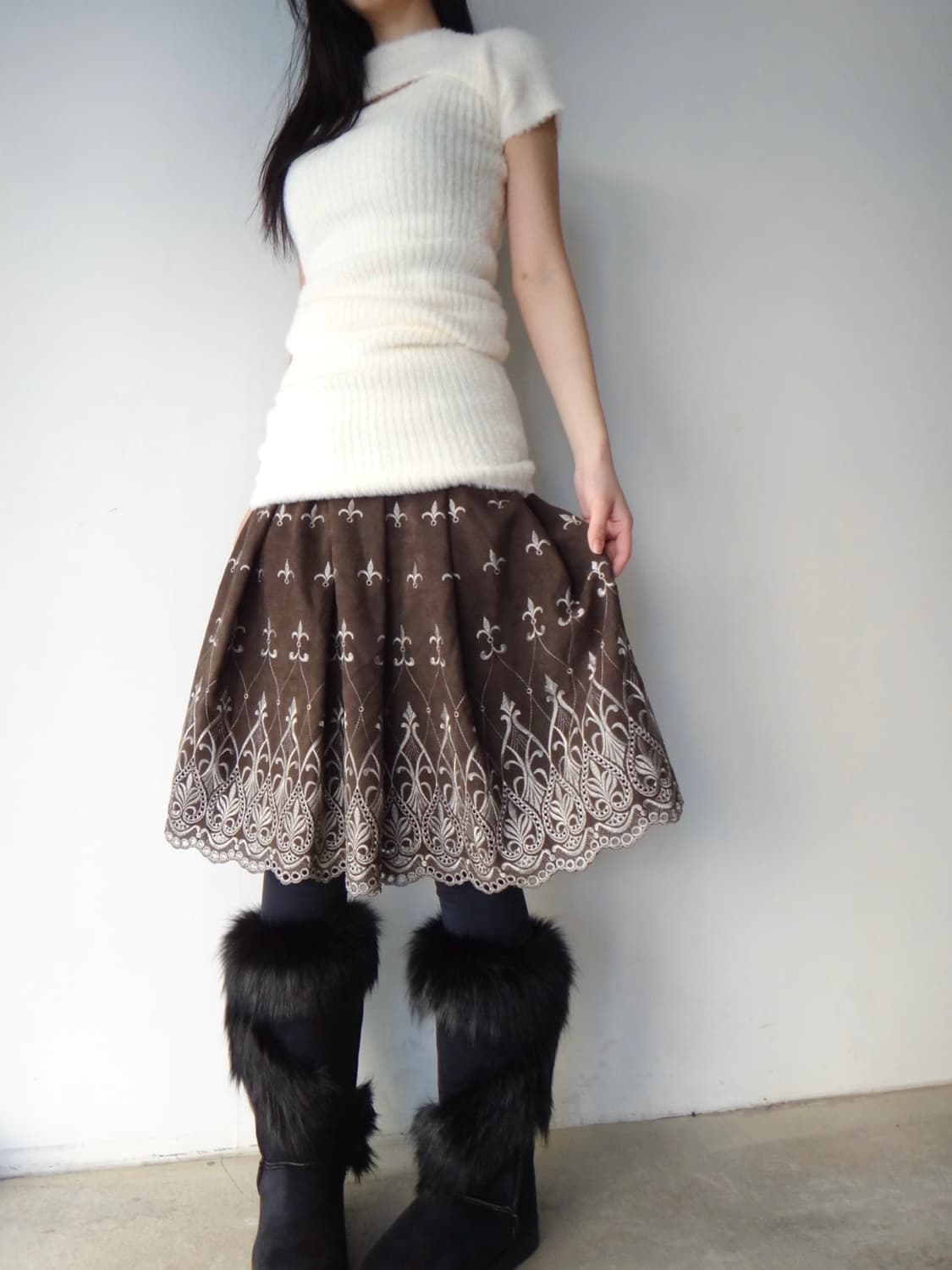 NABIA pattern suede skirt / deep brown 상품이미지1