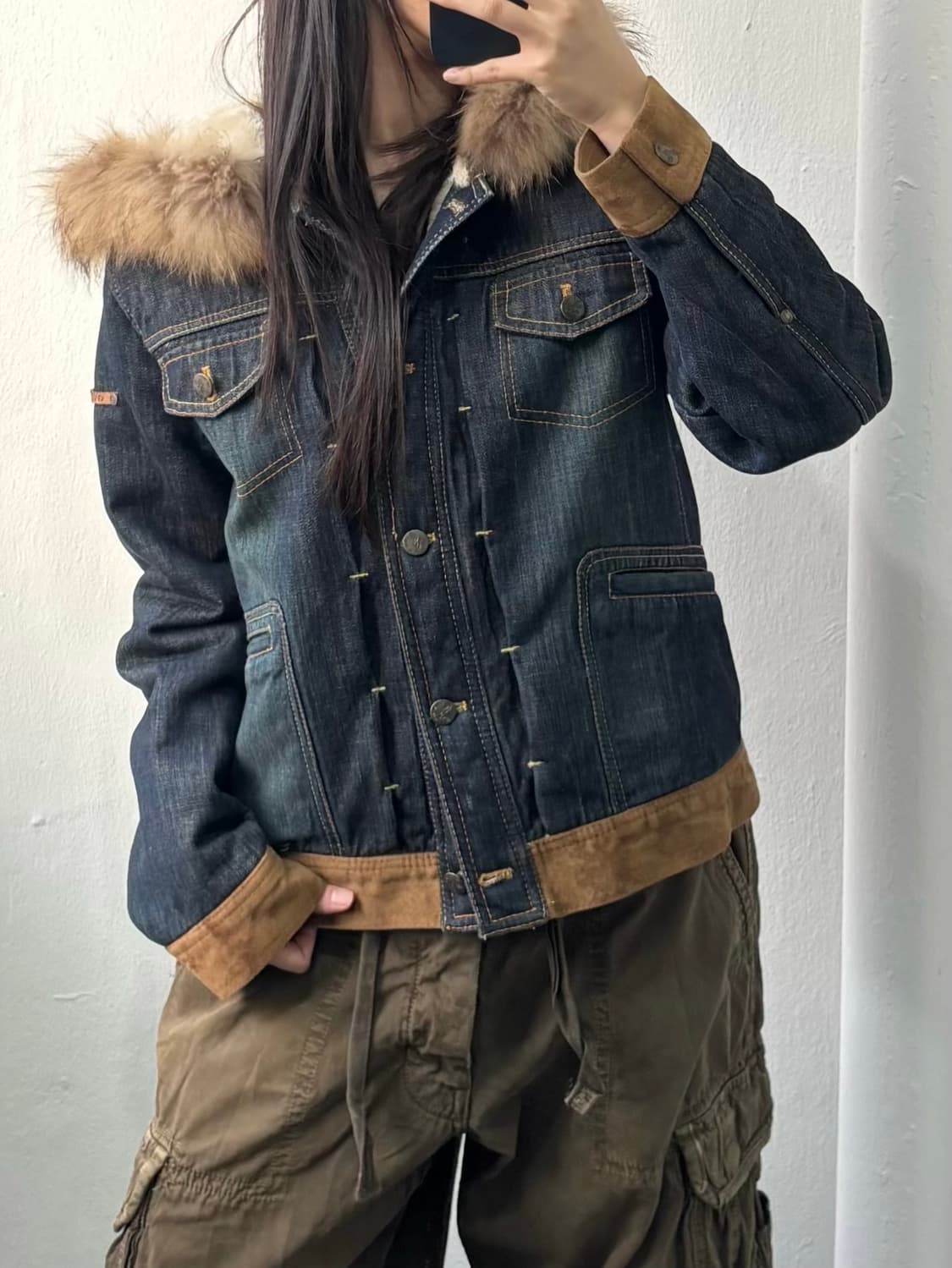 Vintage Fur Hood Denim Jacket 상품이미지4