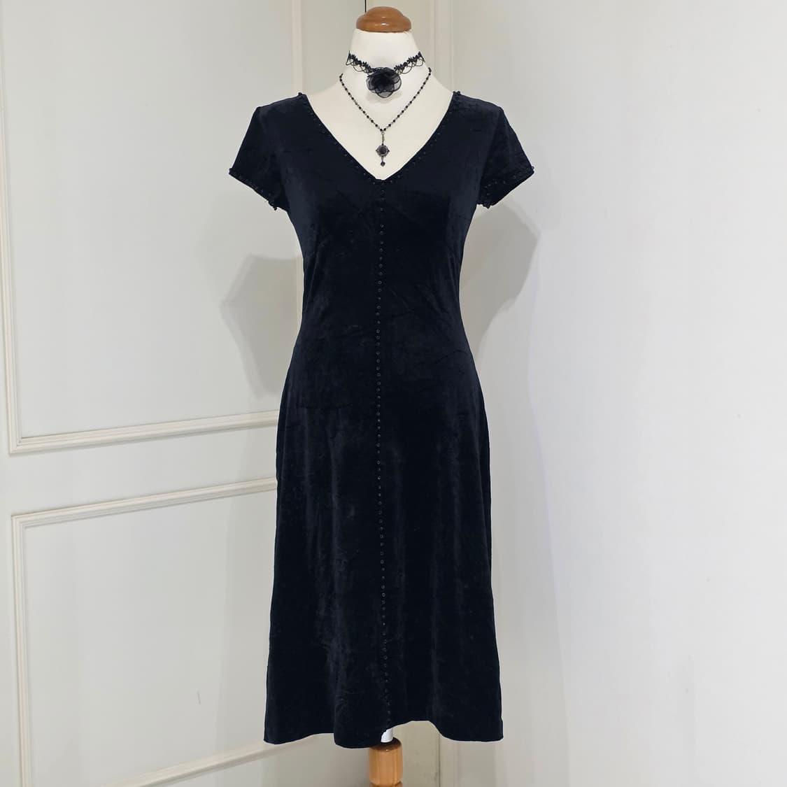 일본빈티지)블랙 벨벳 로맨틱 고딕로리타st 비즈 롱원피스 상품이미지1