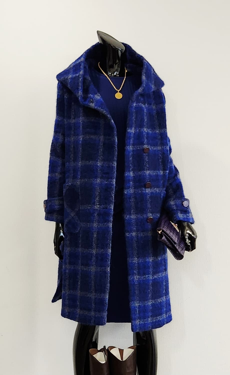 블루체크 모헤어 후드코트 상품이미지1