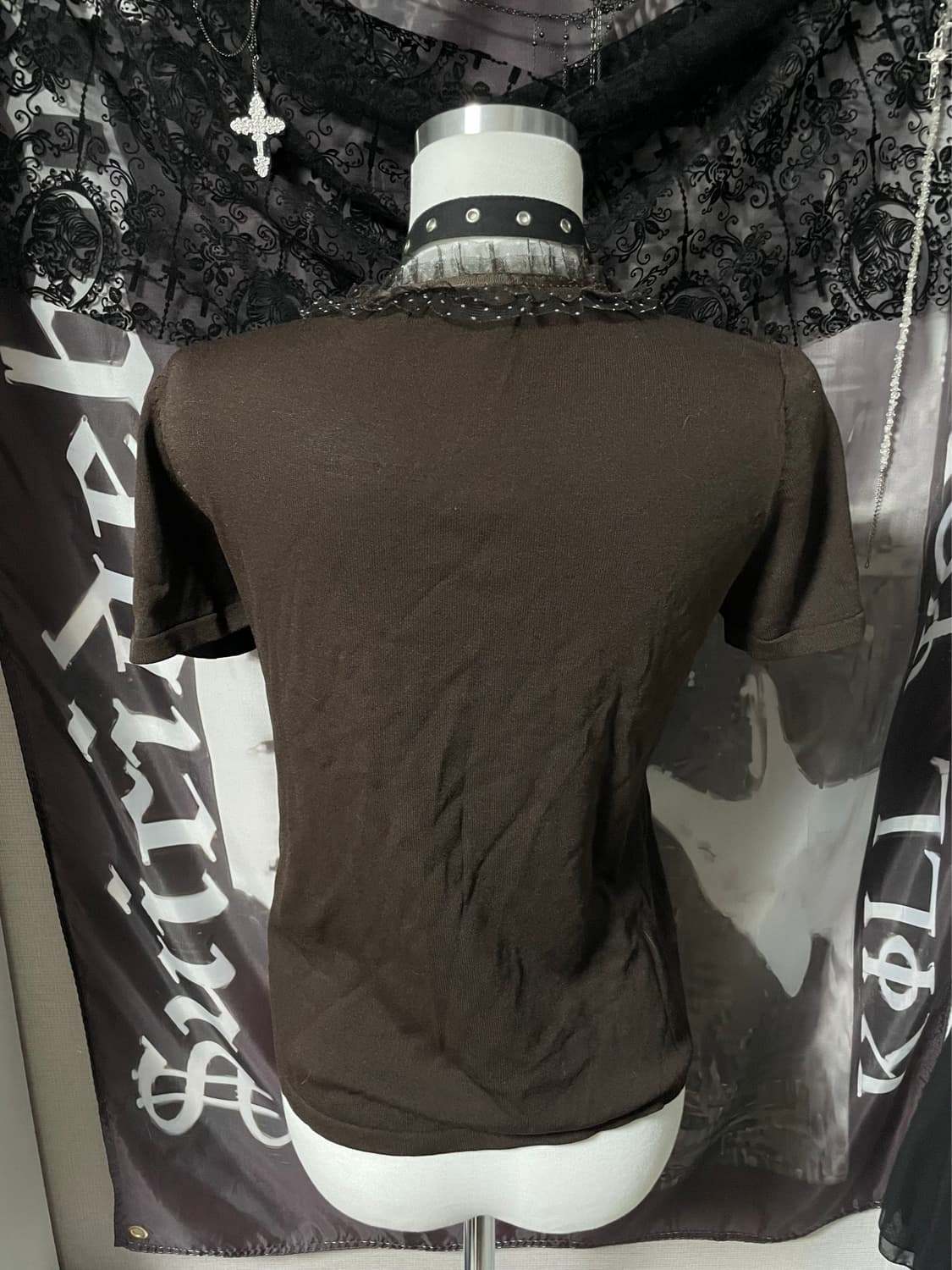 핀터도트쉬어프릴리본 슬림반팔티블라우스초코맛로걀탑모리걸랴떼갸루페어리멜빌깔 상품이미지5