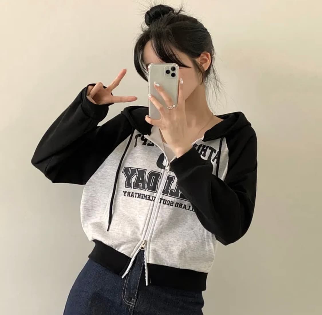 *무료배송* 투웨이 배색 크롭 레터링 후드 집업 상품이미지1