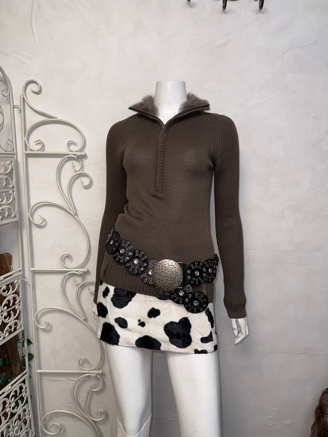 Brown rabbit fur trimming zipup knit 상품이미지1