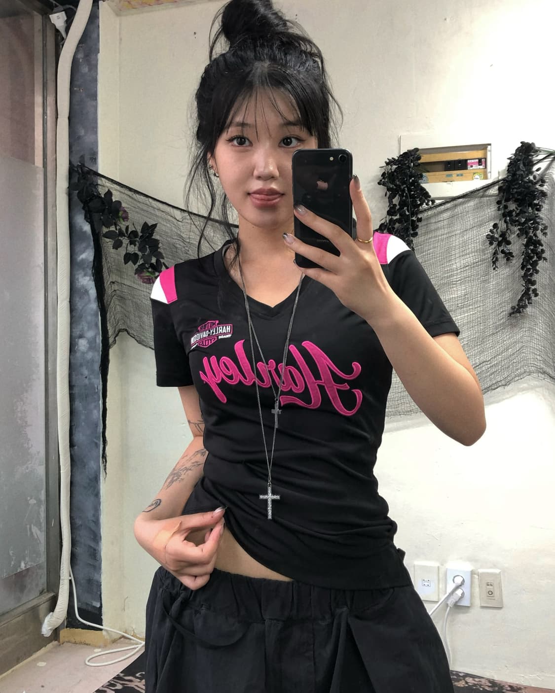 할리데이비슨 블랙 핑크 레터링 반팔 탑 상품이미지1