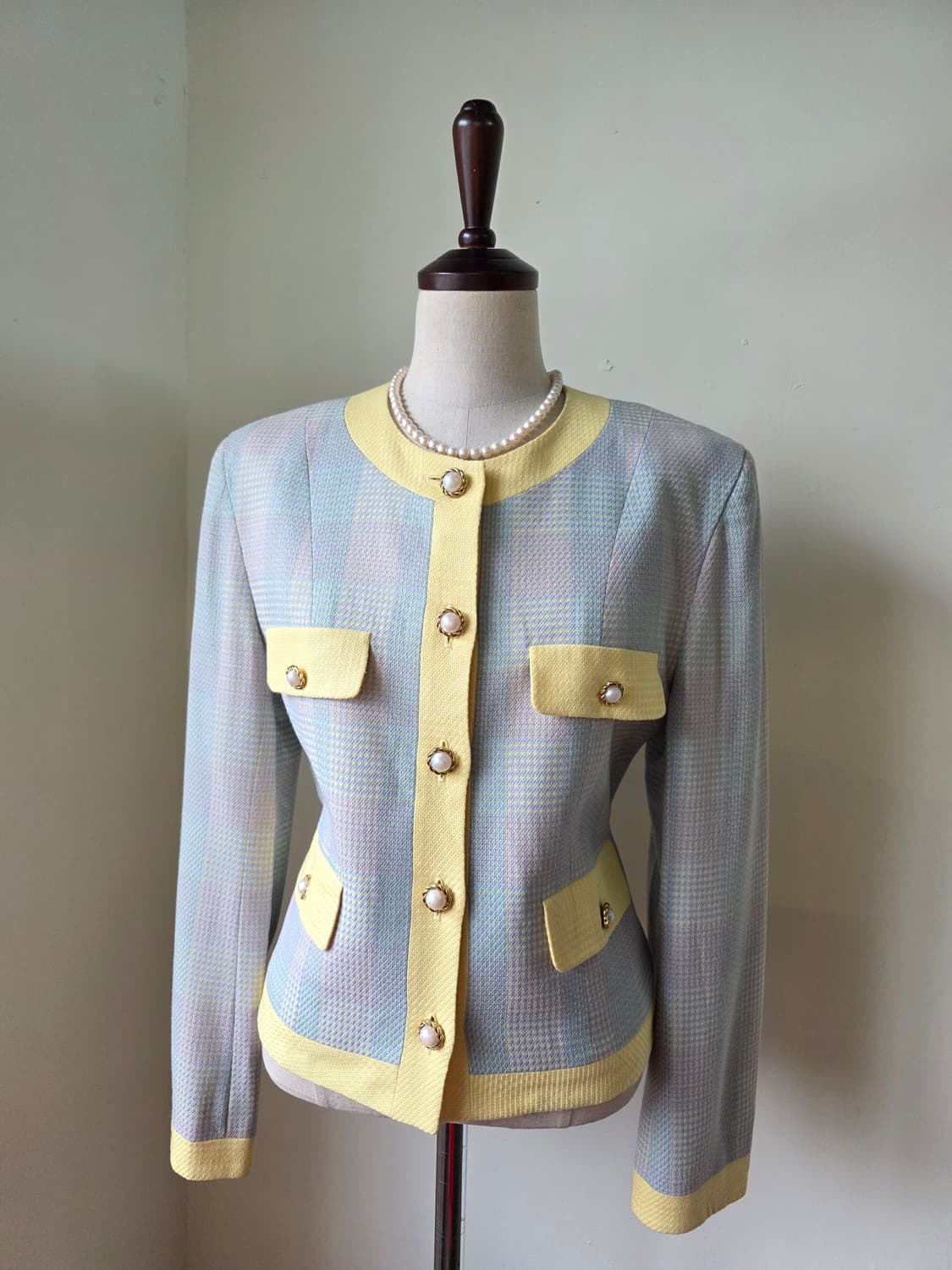 파스텔 체크 진주 버튼 자켓 상품이미지3