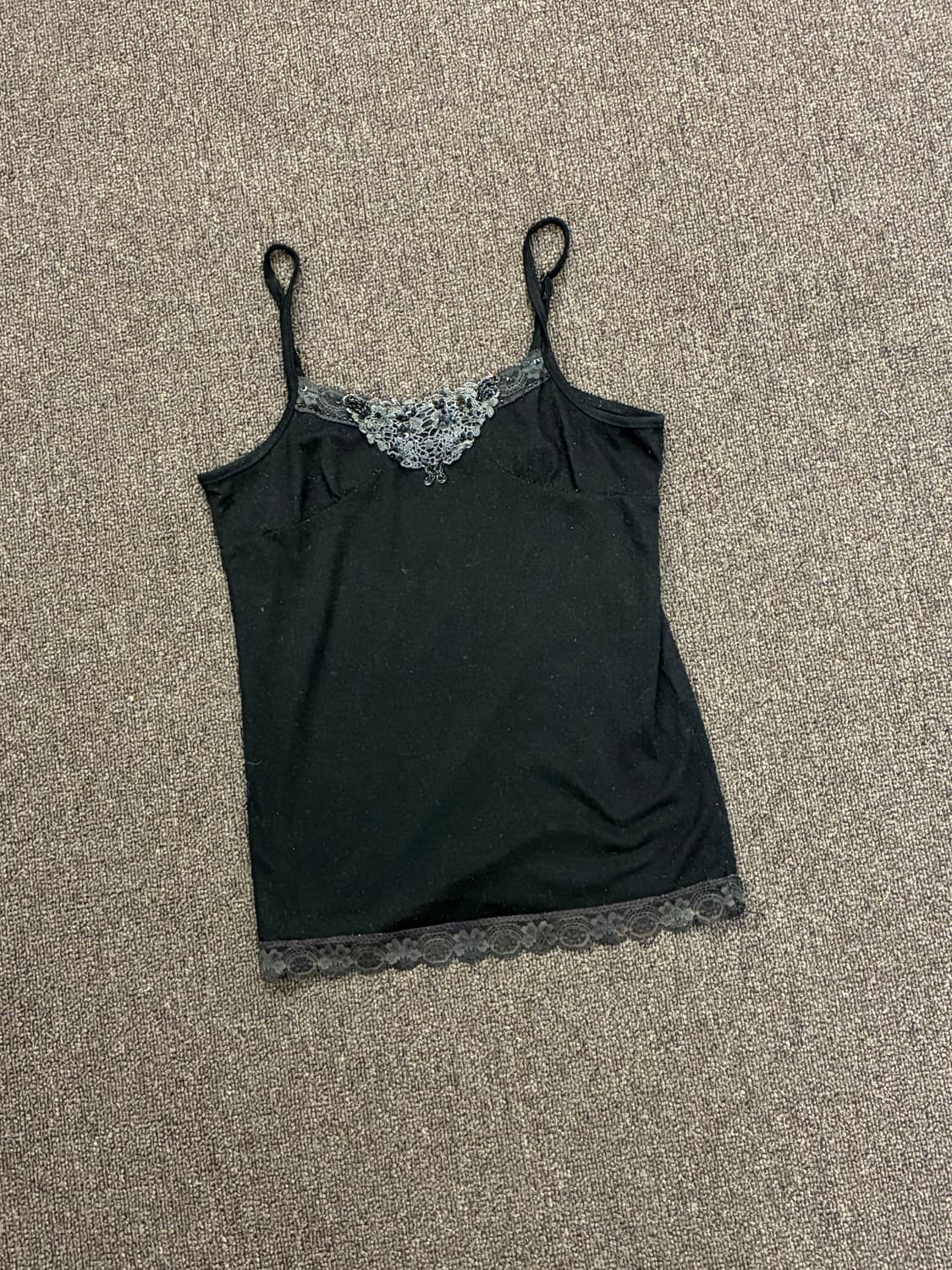 F)Japanese vintage 여성 비즈 자수 검정 슬리브리스(찢어짐 상품이미지3