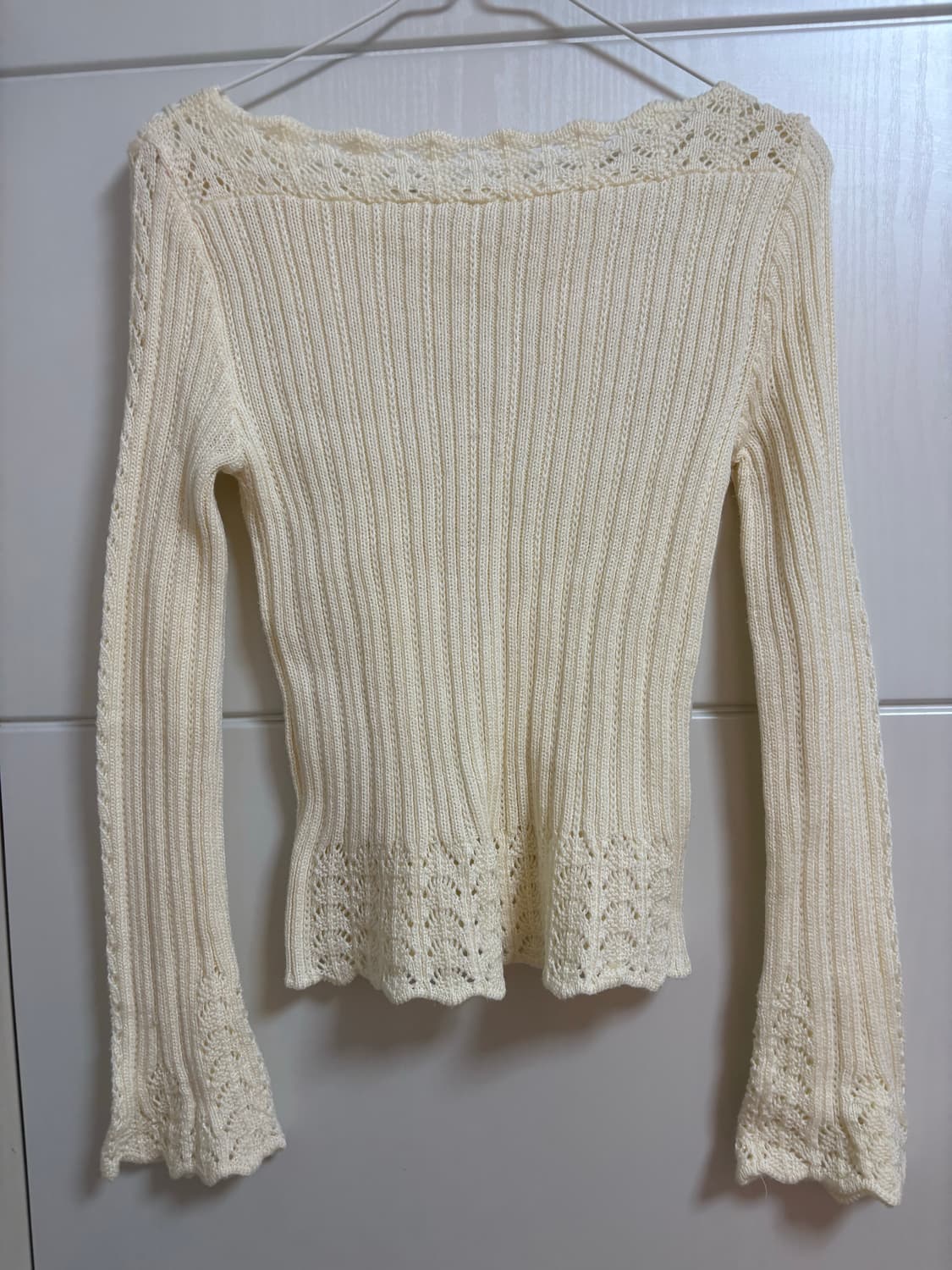 아이보리 니트 오프숄더 쉬폰 리본 포인트 상품이미지3