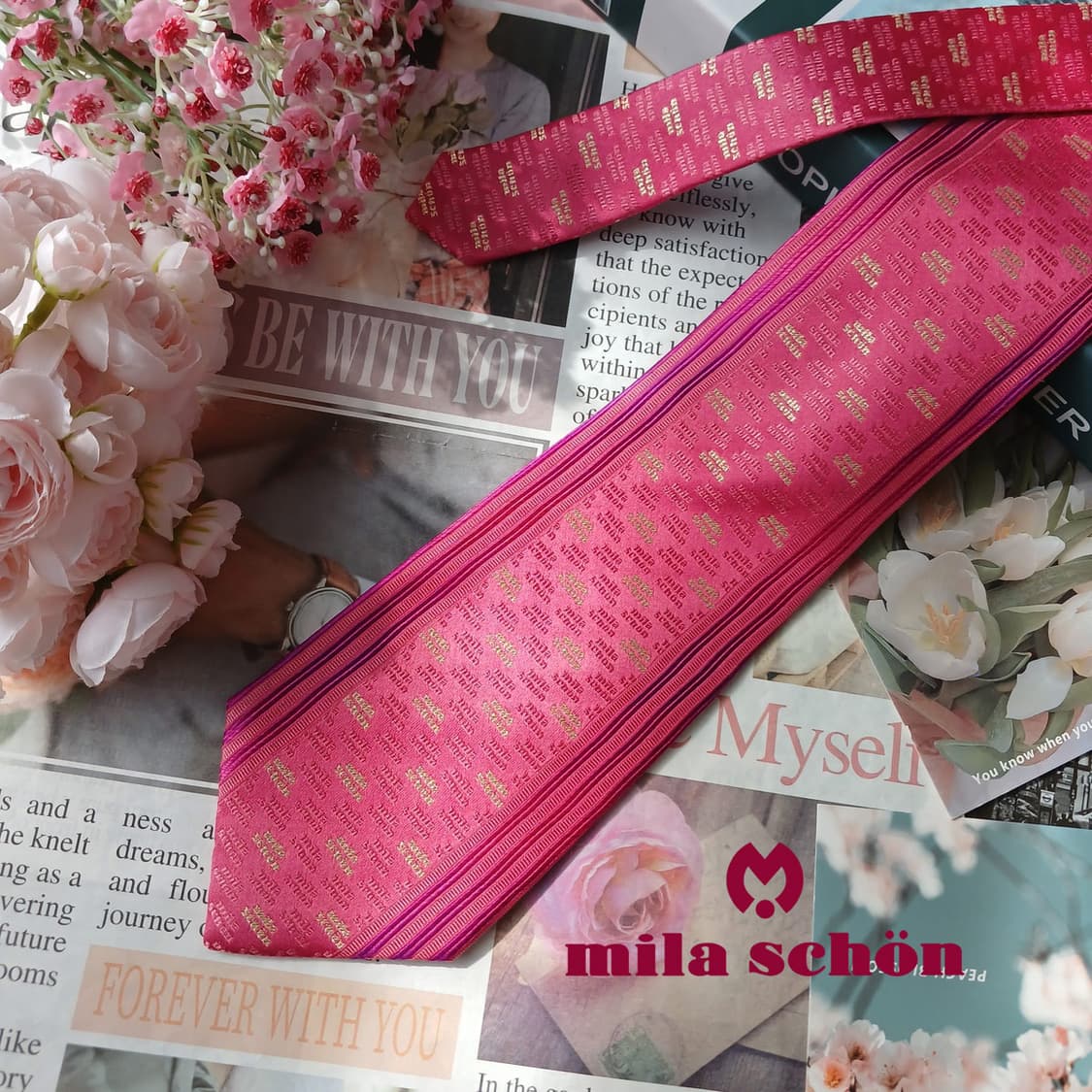 밀라숀 진핑크 로고 자수 패턴 넥타이 9cm S~A+등급 E886 상품이미지2